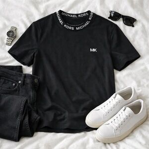 Michael Kors Logo Collar Black T-Shirt Size M Designer Casual Tee